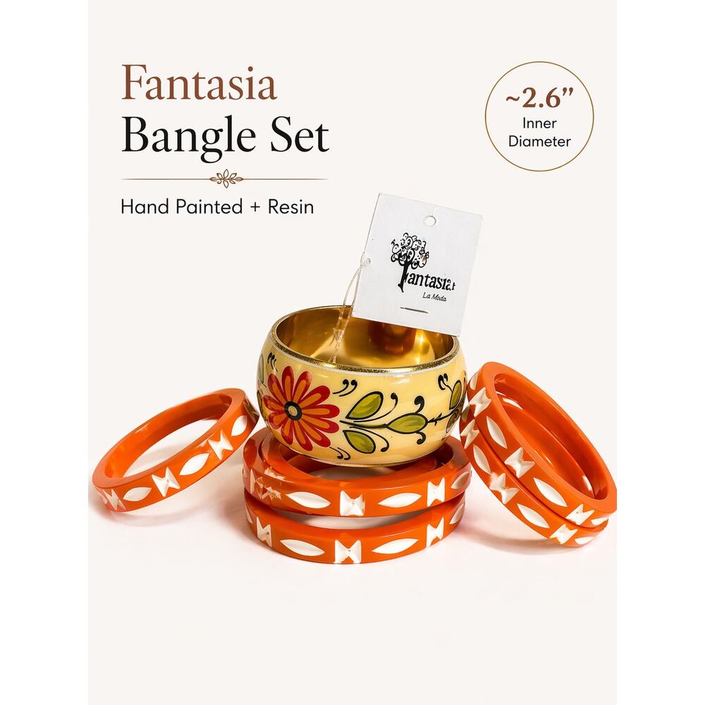 Fantasia Hand Painted Floral Bangle Set 5pc Orange Resin